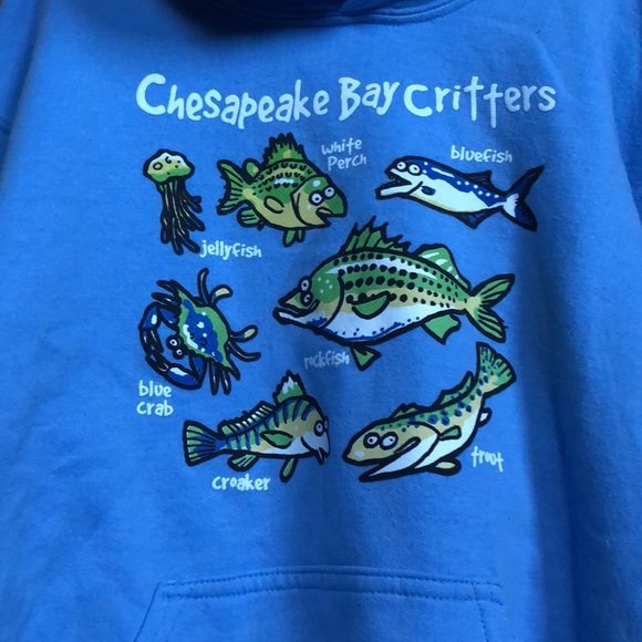 Tilghman Island MD Kids Medium Blue Fish Hoodie Chesapeake Bay Critters EUC - Picture 4 of 9